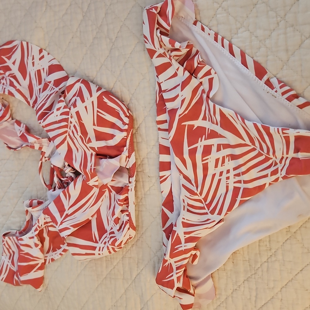 Raisins Red and White Palm Print Bikini Set